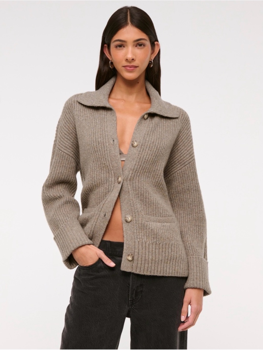 Abercrombie & Fitch Taupe Ribbed Button-Front Cardigan